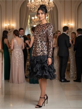 Vintage 1980’s Long Sleeve Dropped-Waist Rose Gold Sequin Ruffle Cocktail Dress